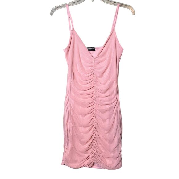 PRETTYLITTLETHING Dress Womens US 2 Pink Ruched Bodycon Mini Party Club V Neck - Picture 2 of 11